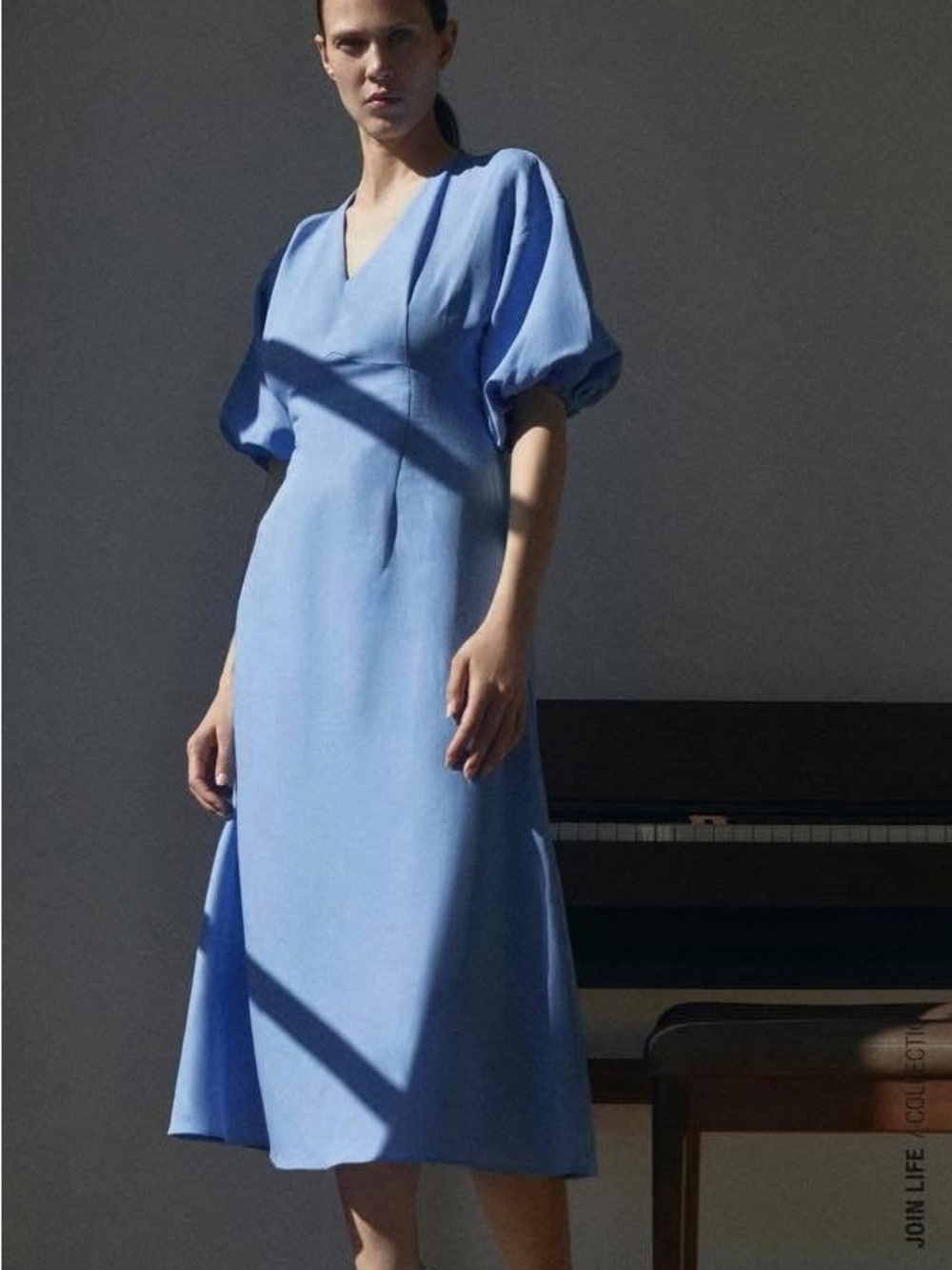 Zara Sky Blue V-Neck Midi Dress with Puff Sleeves